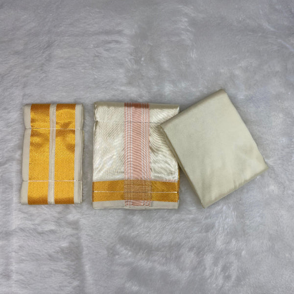 HORAD Premium Art Silk Cream with RoseGold+Gold Border Dhoti with Cream Shirt Material + Angavastram