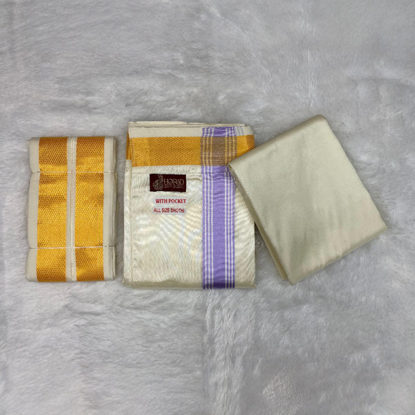 HORAD Premium Art Silk Cream with Lavender+Gold Border Welcro Dhoti with Cream Shirt Material + Angavastram
