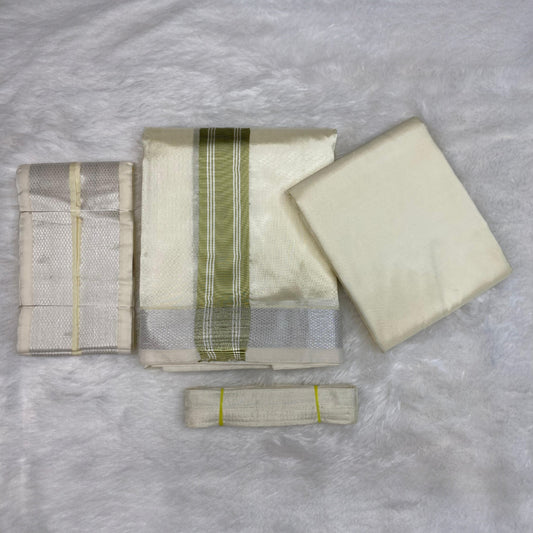 HORAD Premium Art Silk Cream with FIR.Green+Silver Border Dhoti with Cream Shirt Material + Angavastram + Belt