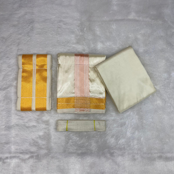 HORAD Premium Art Silk Cream with RoseGold+Gold Border Dhoti with Cream Shirt Material + Angavastram + Belt