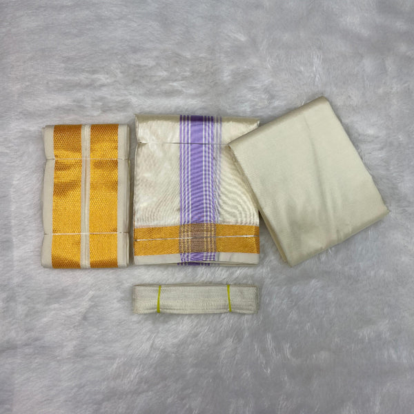 HORAD Premium Art Silk Cream with Lavender+Gold Border Dhoti with Cream Shirt Material + Angavastram + Belt