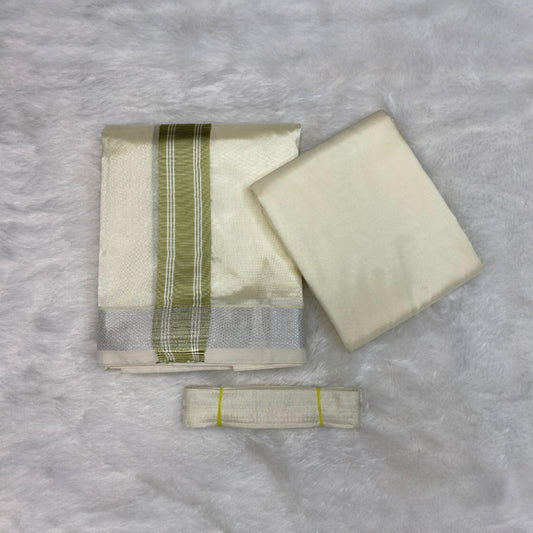 HORAD Premium Art Silk Cream with FIR.Green+Silver Border Dhoti with Cream Shirt Material + Belt