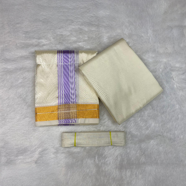 HORAD Premium Art Silk Cream with Lavender+Gold Border Dhoti with Cream Shirt Material + Belt