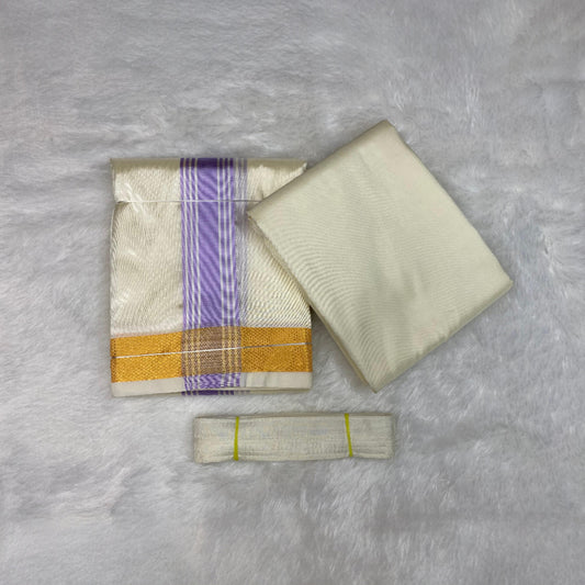 HORAD Premium Art Silk Cream with Lavender+Gold Border Dhoti with Cream Shirt Material + Belt
