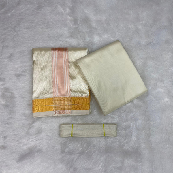 HORAD Premium Art Silk Cream with RoseGold+Gold Border Dhoti with Cream Shirt Material + Belt