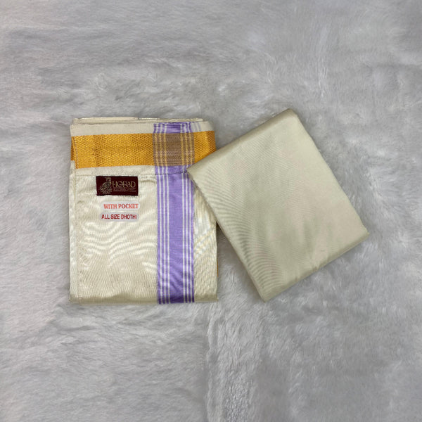 HORAD Premium Art Silk Cream with Lavender+Gold Border Welcro Dhoti with Cream Shirt Material
