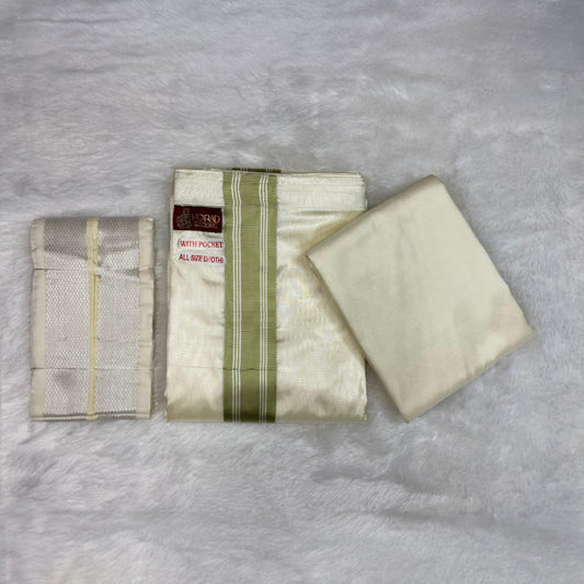 HORAD Premium Art Silk Cream with FIR.Green+Silver Border Welcro Dhoti with Cream Shirt Material + Angavastram