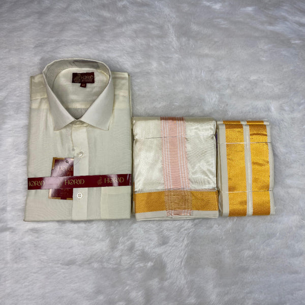 Horad Premium Art Silk Cream Shirt + Cream with RoseGold+Gold Border Dhoti + Angavastram