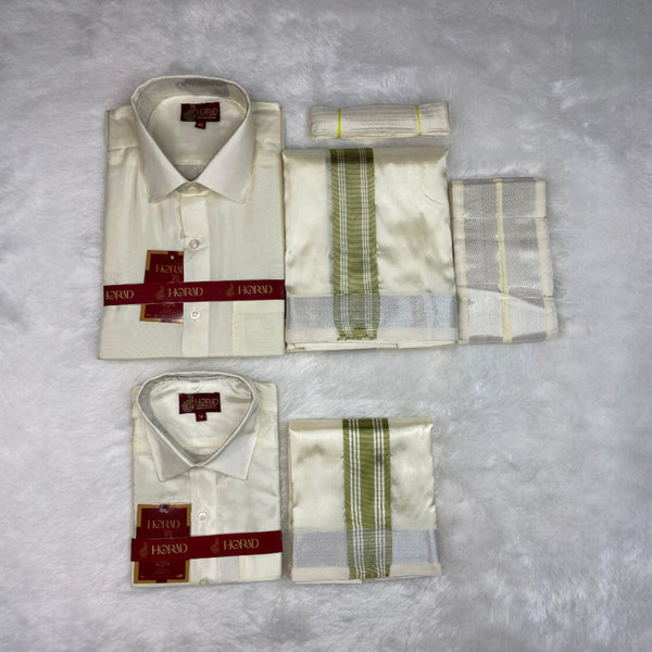 Horad Premium Art Silk Dad and Son Cream Shirt + Cream with FIR.Green+Silver Border Dhoti + Angavastram + Belt