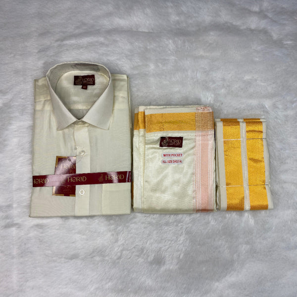Horad Premium Art Silk Cream Shirt + Cream with RoseGold+Gold Border Welcro Dhoti + Angavastram