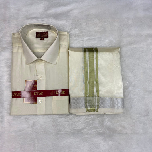 Horad Premium Art Silk Cream Shirt + Cream with FIR.Green+Silver Border Dhoti