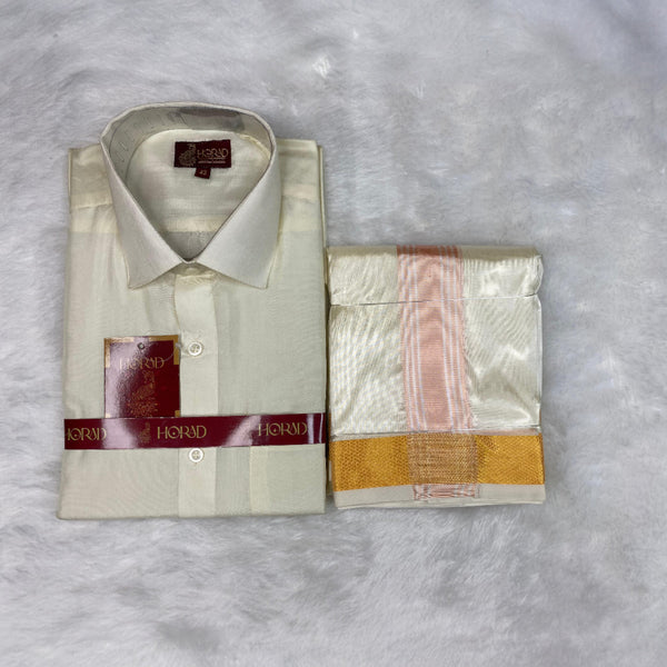 Horad Premium Art Silk Cream Shirt + Cream with RoseGold+Gold Border Dhoti