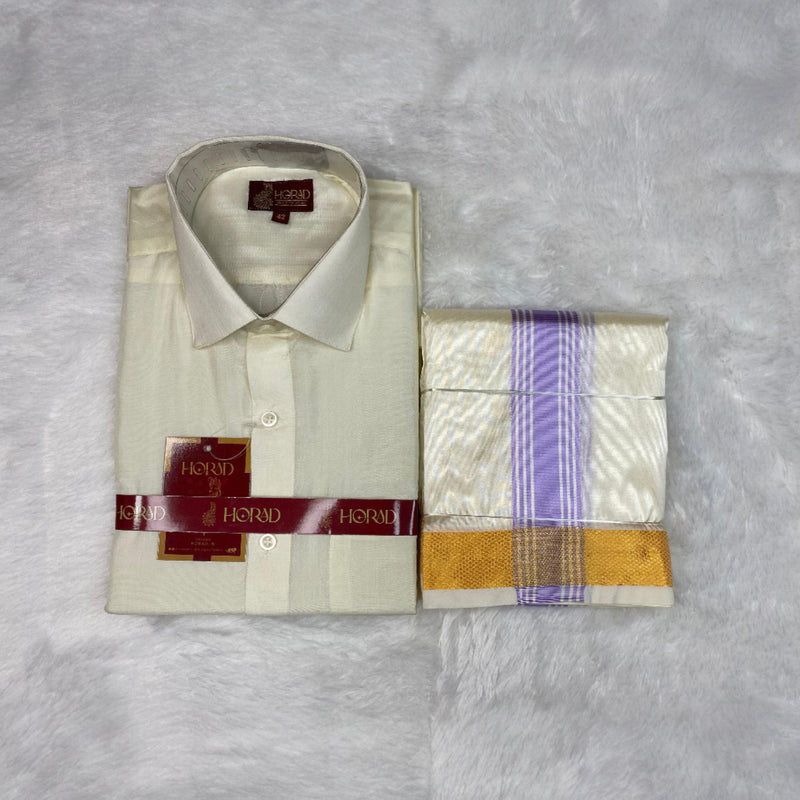 Horad Premium Art Silk Cream Shirt + Cream with Lavender+Gold Border Dhoti