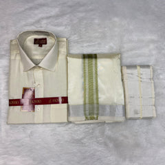 Horad Premium Art Silk Cream Shirt + Cream with FIR.Green+Silver Border Dhoti + Angavastram