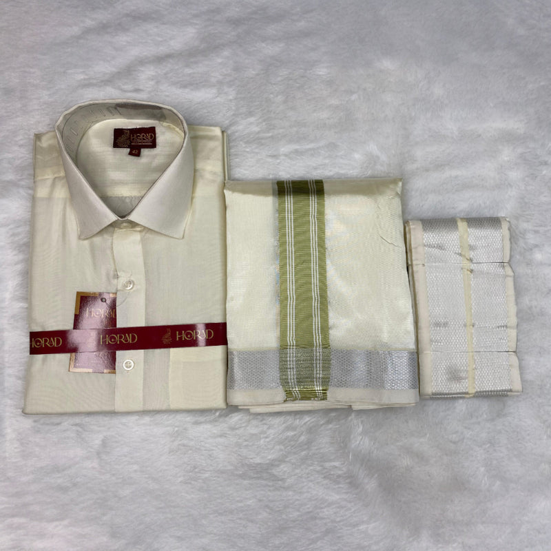 Horad Premium Art Silk Cream Shirt + Cream with FIR.Green+Silver Border Dhoti + Angavastram