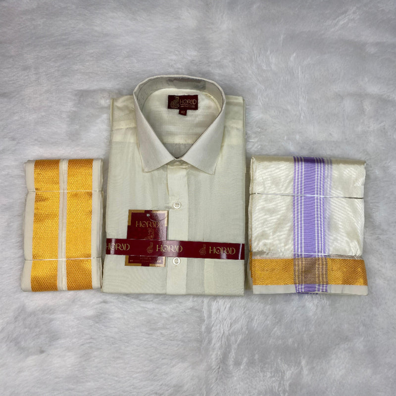 Horad Premium Art Silk Cream Shirt + Cream with Lavender+Gold Border Dhoti + Angavastram