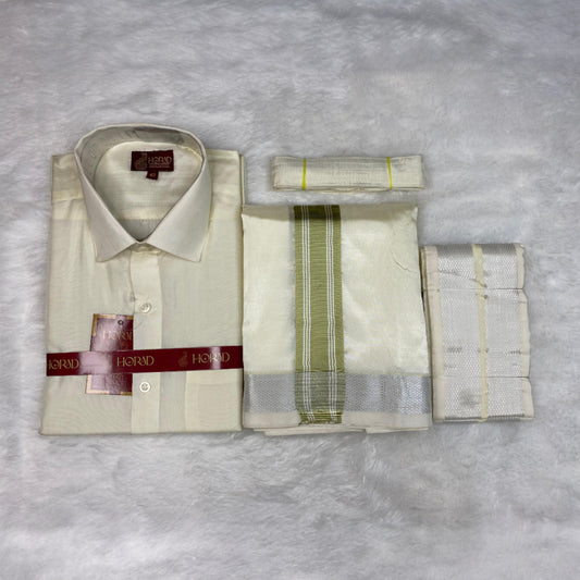 Horad Premium Art Silk Cream Shirt + Cream with FIR.Green+Silver Border Dhoti + Angavastram + Belt