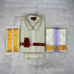 Horad Premium Art Silk Cream Shirt + Cream with Lavender+Gold Border Dhoti + Angavastram + Belt