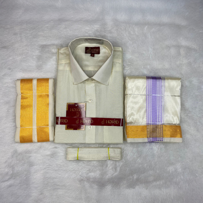 Horad Premium Art Silk Cream Shirt + Cream with Lavender+Gold Border Dhoti + Angavastram + Belt