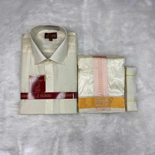 Horad Premium Art Silk Cream Shirt + Cream with RoseGold+Gold Border Dhoti + Belt