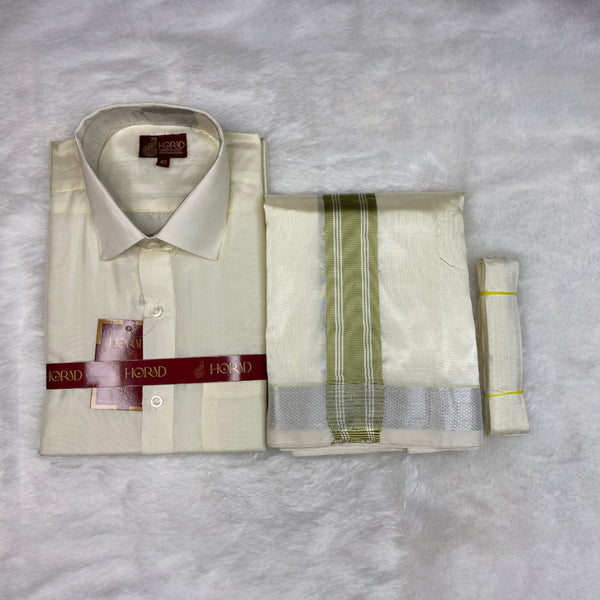 Horad Premium Art Silk Cream Shirt + Cream with FIR.Green+Silver Border Dhoti + Belt