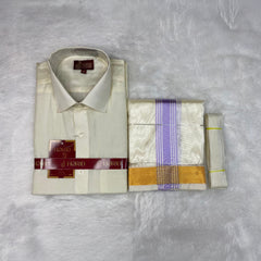 Horad Premium Art Silk Cream Shirt + Cream with Lavender+Gold Border Dhoti + Belt