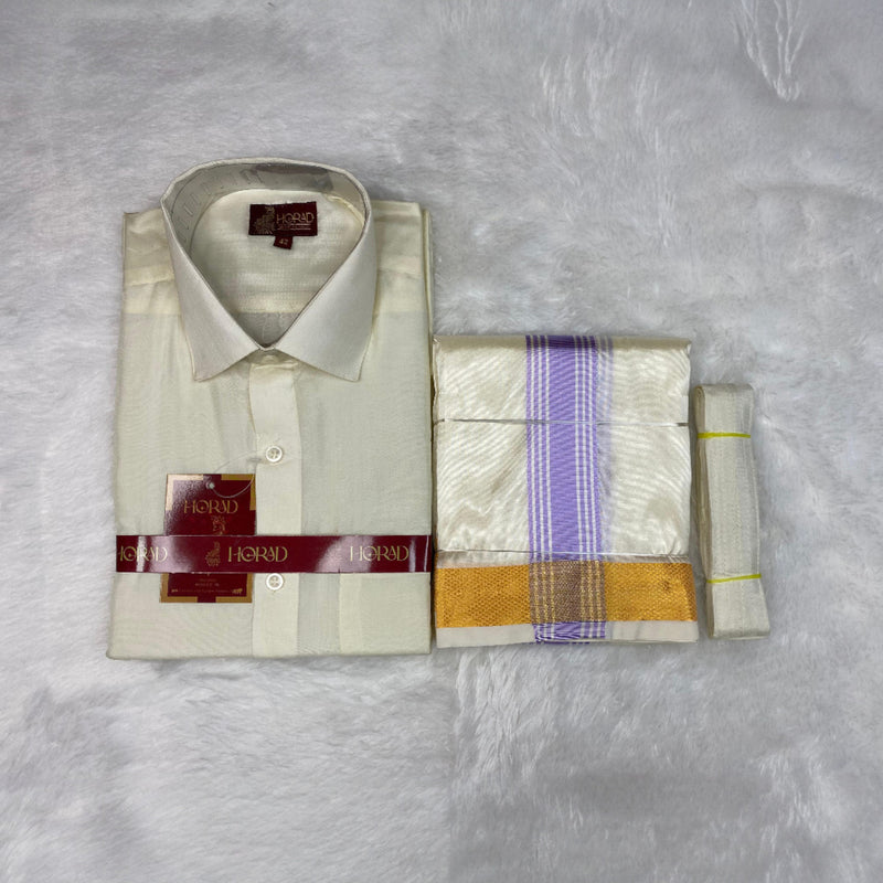 Horad Premium Art Silk Cream Shirt + Cream with Lavender+Gold Border Dhoti + Belt