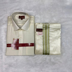 Horad Premium Art Silk Cream Shirt + Cream with FIR.Green+Silver Border Welcro Dhoti