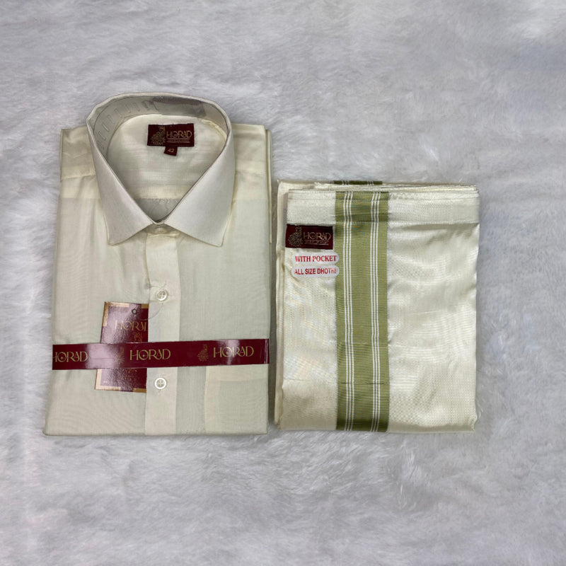 Horad Premium Art Silk Cream Shirt + Cream with FIR.Green+Silver Border Welcro Dhoti