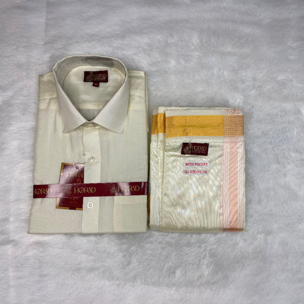 Horad Premium Art Silk Cream Shirt + Cream with RoseGold+Gold Border Welcro Dhoti