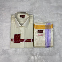 Horad Premium Art Silk Cream Shirt + Cream with Lavender+Gold Border Welcro Dhoti