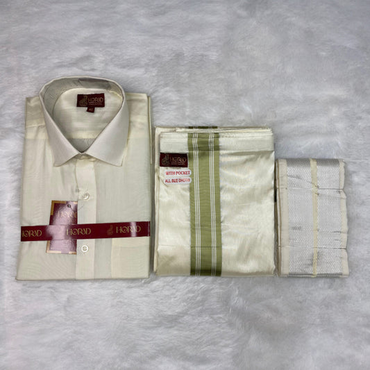 Horad Premium Art Silk Cream Shirt + Cream with FIR.Green+Silver Border Welcro Dhoti + Angavastram