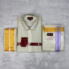 Horad Premium Art Silk Cream Shirt + Cream with Lavender+Gold Border Welcro Dhoti + Angavastram