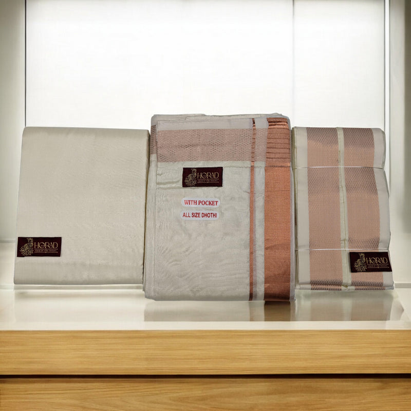 HORAD Premium Art Silk Cream Welcro Dhoti with Shirt Material + Angavastram