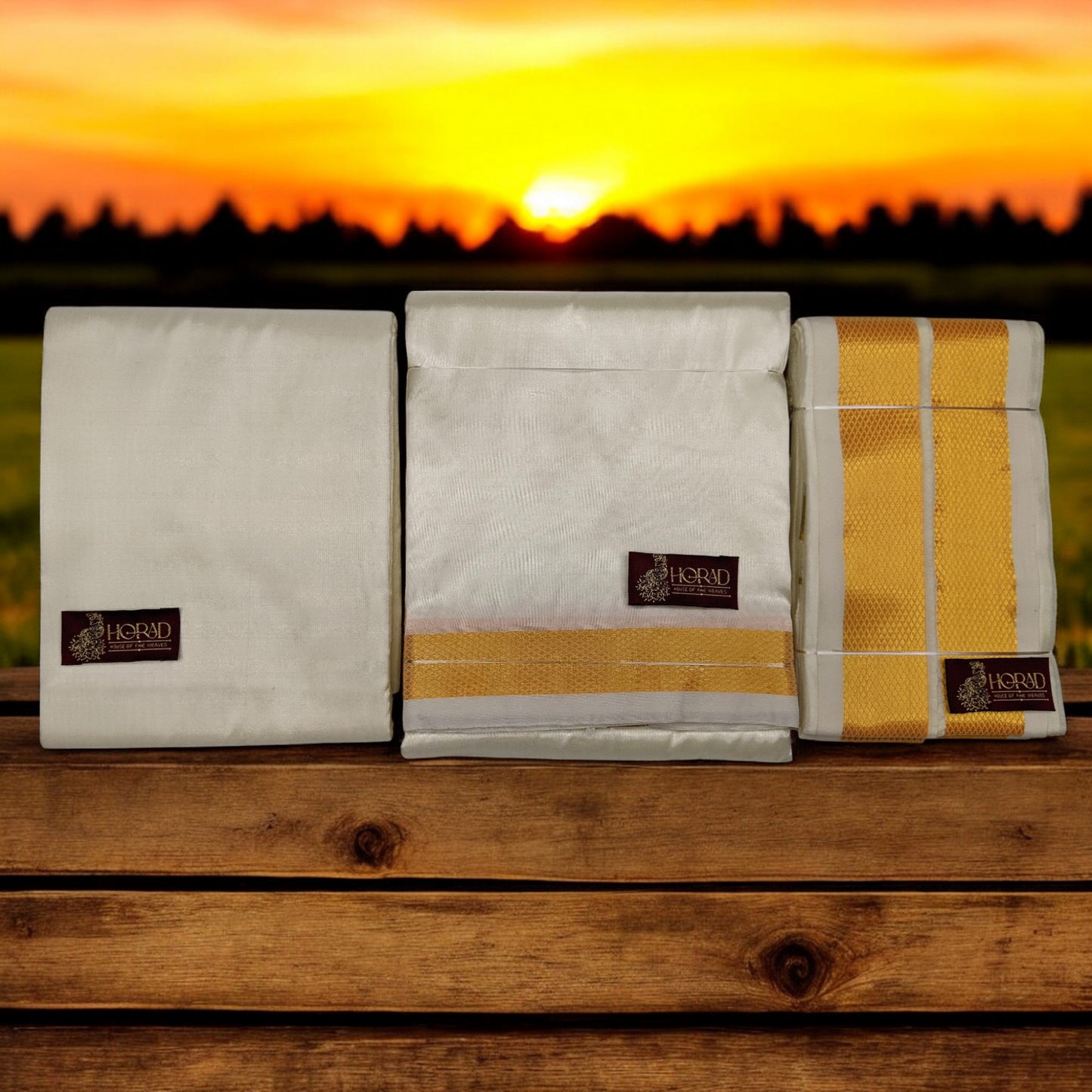 HORAD Premium Art Silk Cream Shirt Material + Dhoti + Angavastram (9X5)