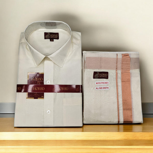Horad Premium Art Silk Cream Shirt + Copper Zari Welcro Dhoti