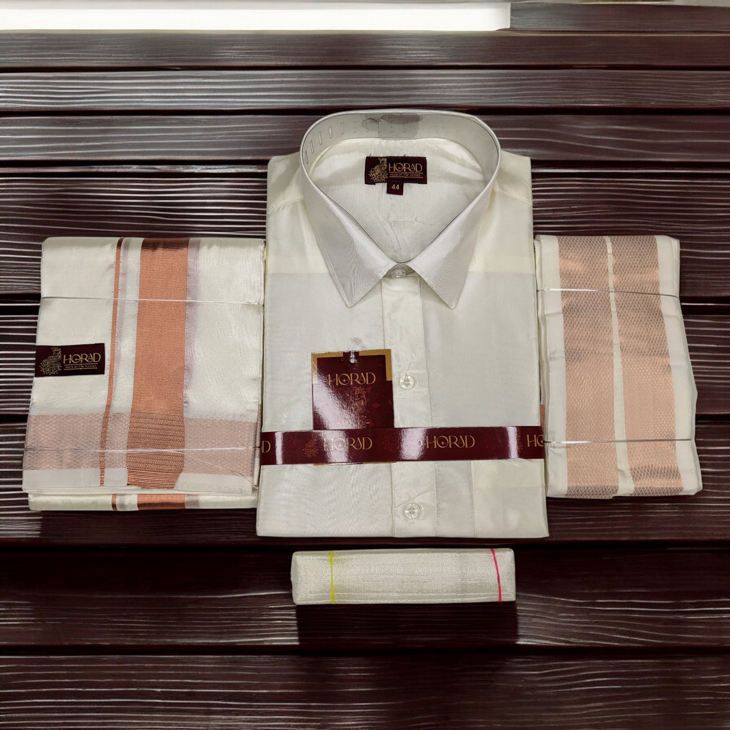 Horad Premium Art Silk Cream Shirt + Copper Zari Dhoti + Angavastram + Belt