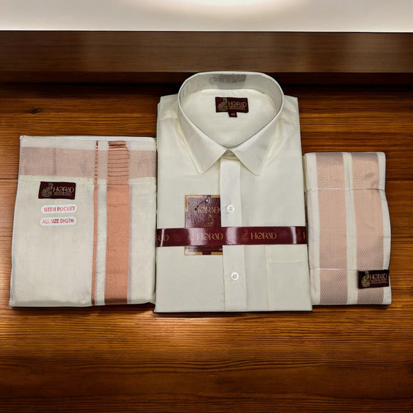 Horad Premium Art Silk Cream Shirt + Copper Zari Welcro Dhoti + Angavastram