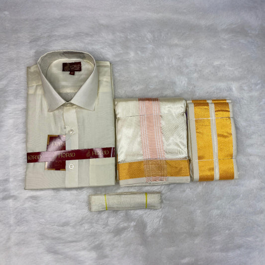 Horad Premium Art Silk Cream Shirt + Cream with RoseGold+Gold Border Dhoti + Angavastram + Belt