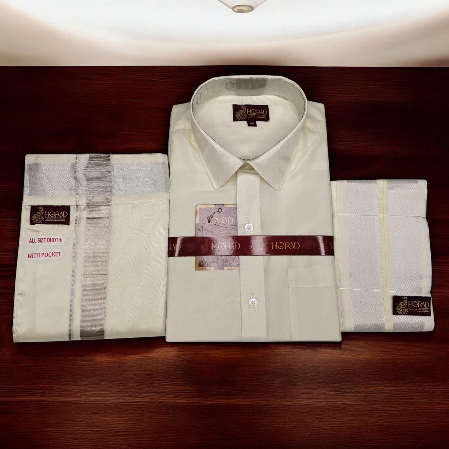 Horad Premium Art Silk Cream Shirt + Silver Zari Welcro Dhoti + Angavastram