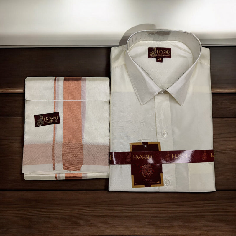 Horad Premium Art Silk Cream Shirt + Copper Zari Dhoti