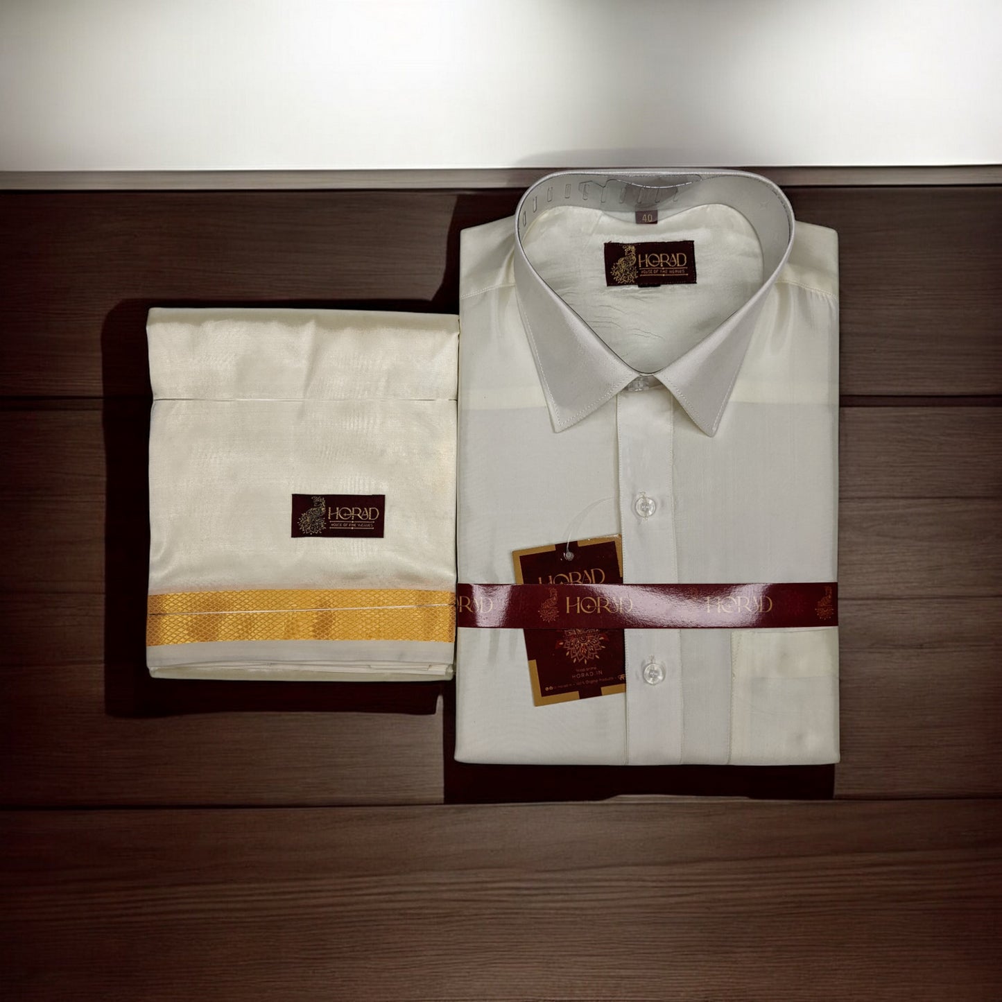 Horad Premium Art Silk Cream Shirt + Gold Zari Dhoti