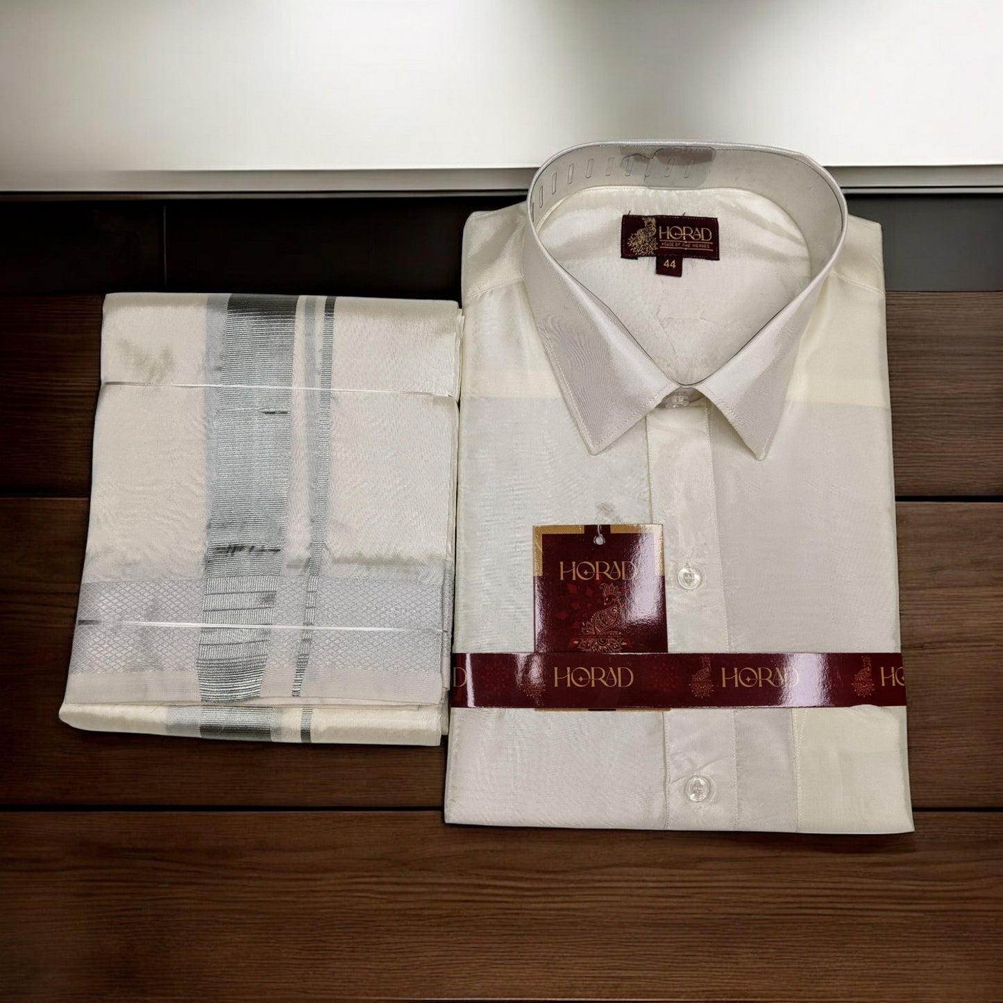 Horad Premium Art Silk Cream Shirt + Silver Zari Dhoti