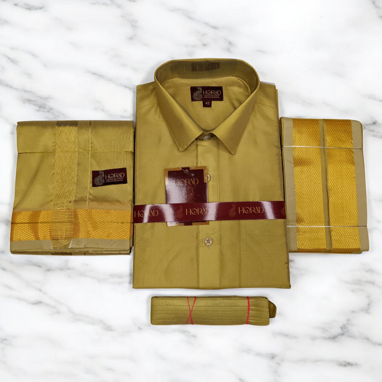 Horad Premium Art Silk Dark Gold Shirt + Dhoti + Angavastram + Belt