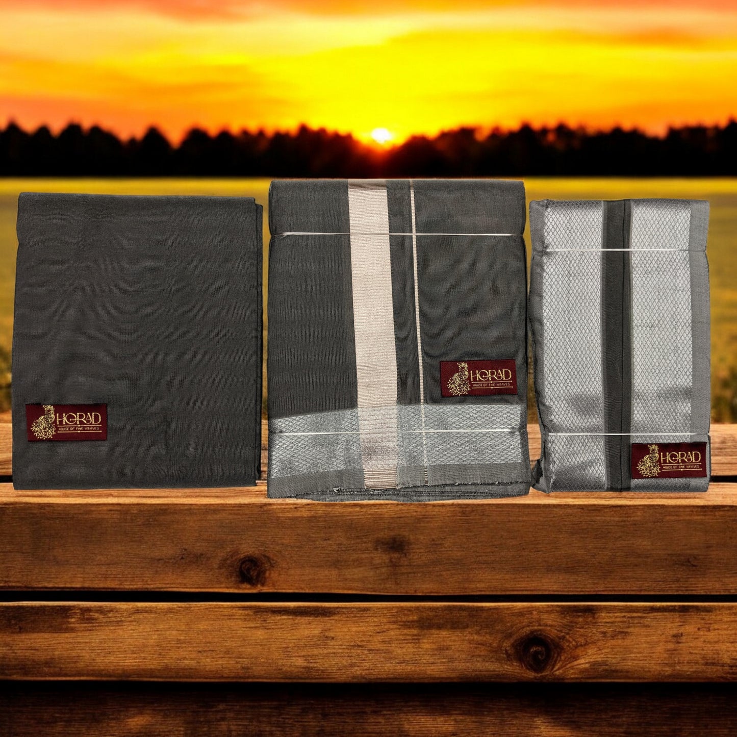 HORAD Premium Art Silk Dark Grey Dhoti with Shirt Material + Angavastram