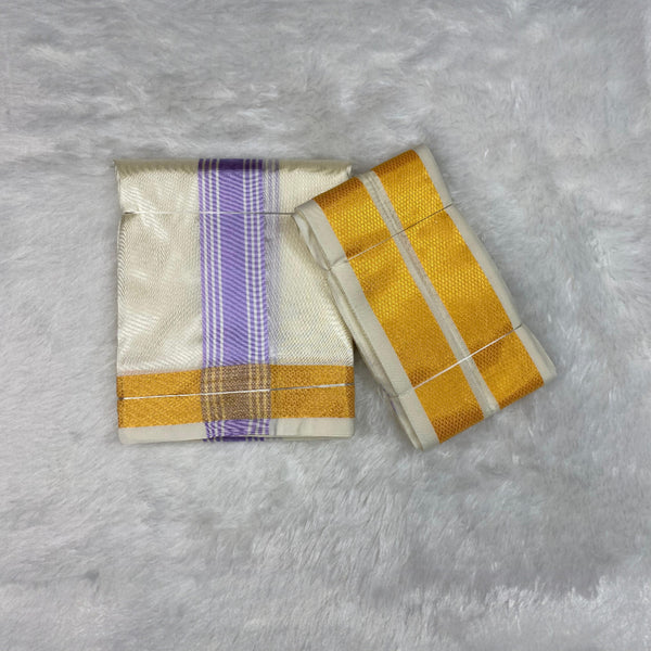 HORAD Premium Art Silk Cream with Lavender+Gold Border Dhoti + Angavastram (8X4)