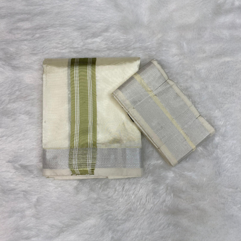 HORAD Premium Art Silk Cream with FIR.Green+Silver Border Dhoti + Angavastram (8X4)