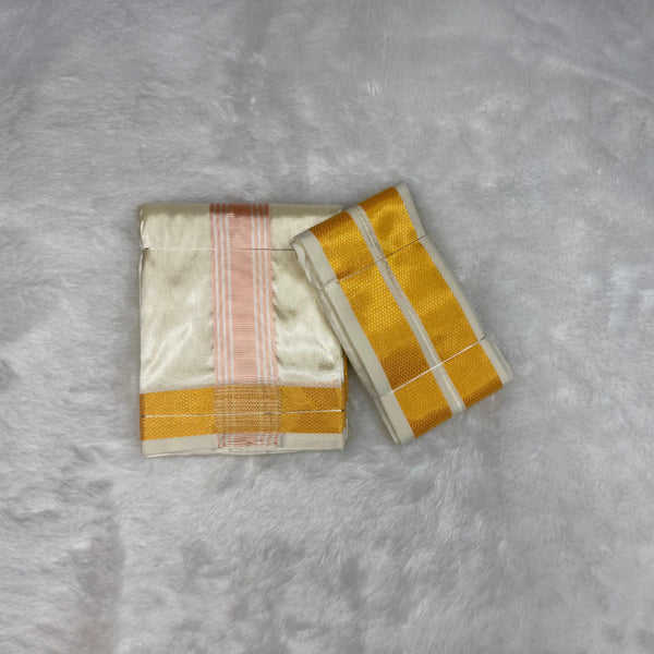 HORAD Premium Art Silk Cream with RoseGold+Gold Border Dhoti + Angavastram (8X4)