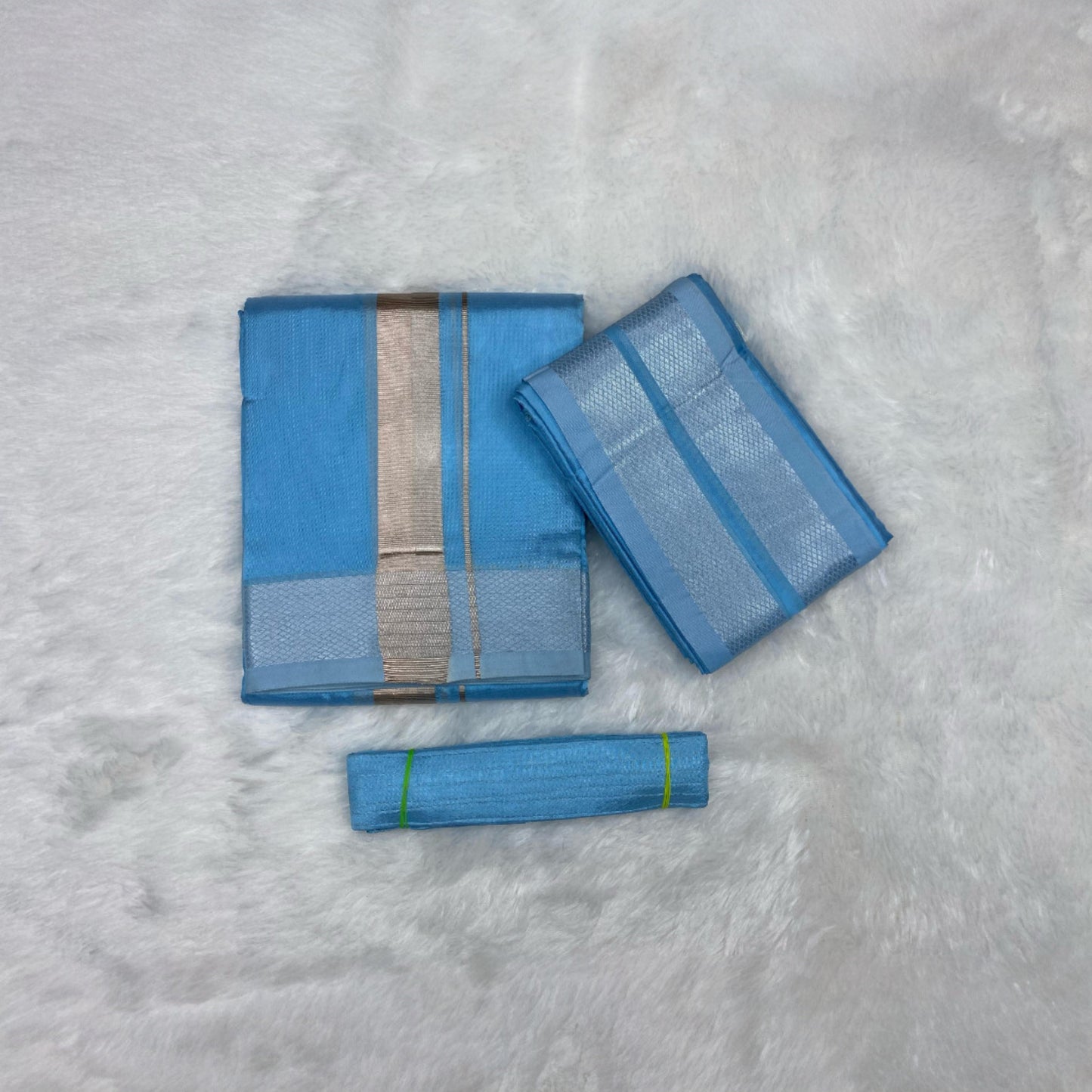 HORAD Premium Art Silk Sky Blue Dhoti + Angavastram + Belt (8X4)