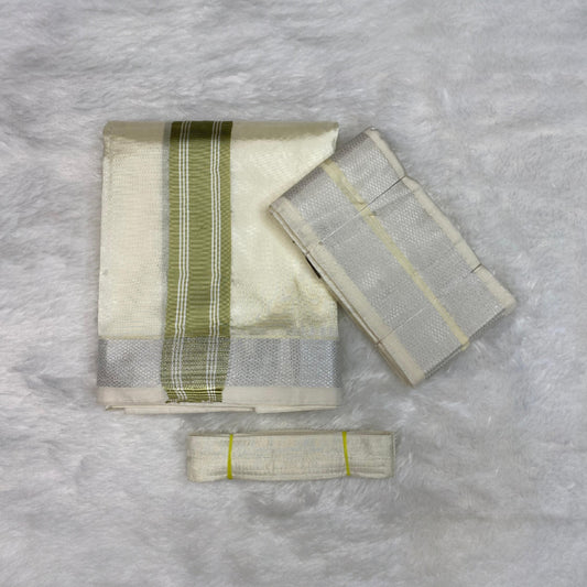 HORAD Premium Art Silk Cream with FIR.Green+Silver Border Dhoti + Angavastram + Belt